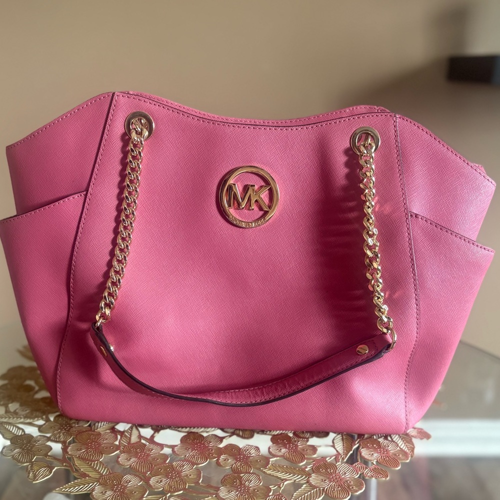 Michael Kors Hot Pink Saffiano Chain Tote with Gold Hardware